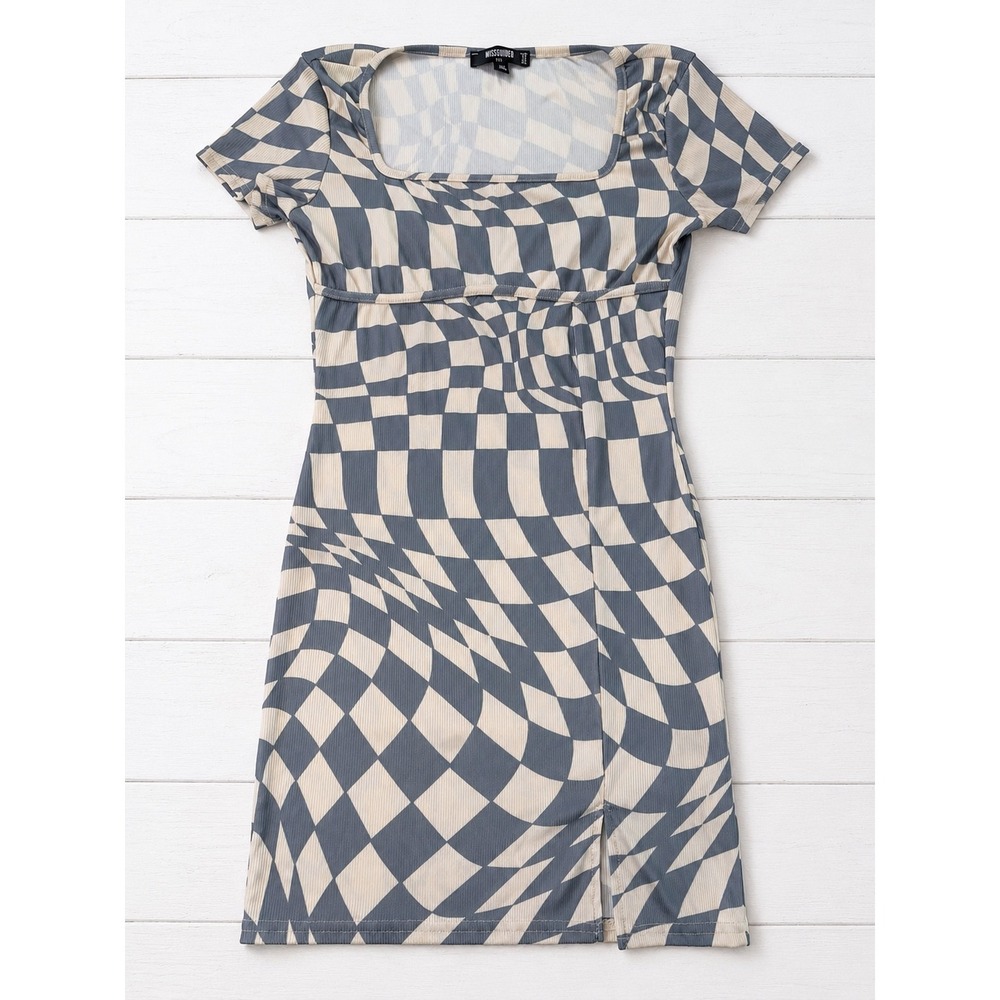 Missguided Tall Mini Dress Psychedelic Checkered Retro Blue White US 4 4371